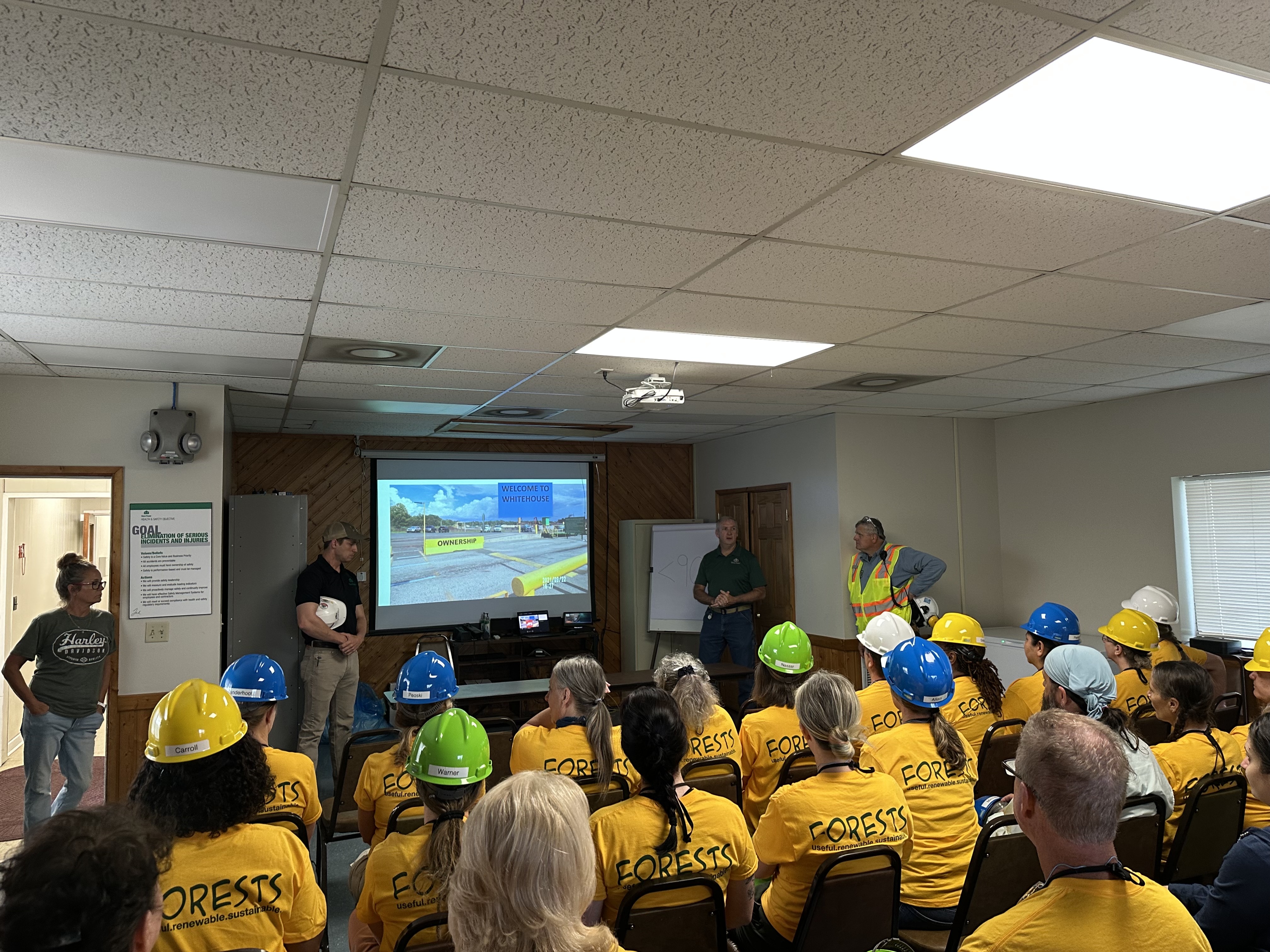 Presenting to educators during a tour of the Whitehouse mill, left to right: Tamara Richards, Supervisor, Health, Safety & Environment; Will White, Procurement Manager; Rusty Steel, General Manager; and Bernie Curry II, Maintenance Superintendent.